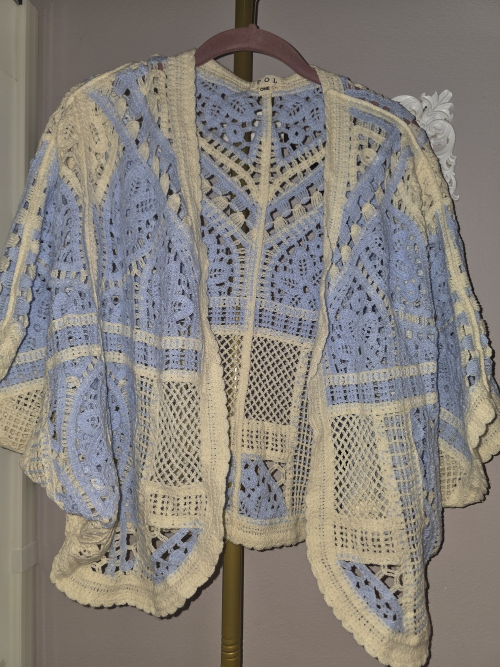 POL Crochet Open-Front Poncho in Light Blue and Cream